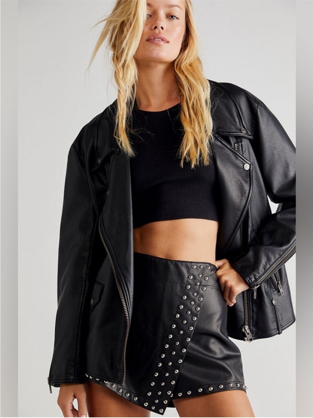 Free People Emmy Studded Faux Leather Mini Skort Skirt Women’s Size 2 Black - Picture 2 of 12